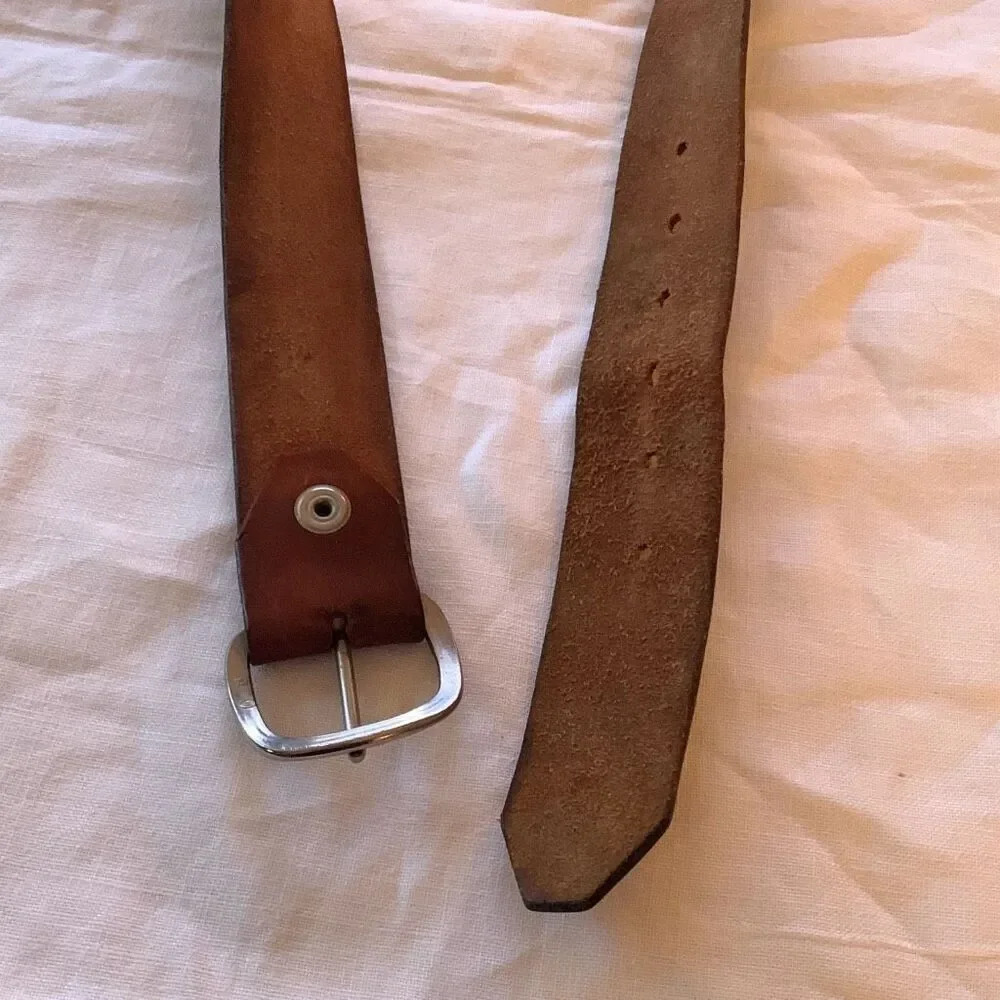 Vintage Hand Tooled Brown Leather Belt Size Large Full Grain Cowhide USA No Loop